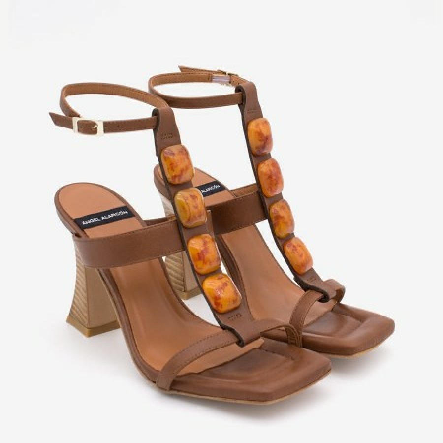 ANGEL ALARCON Masal - Leather Ankle T-Strap High Heel Sandal With Carey Ornament | Spring - Summer - Ss
