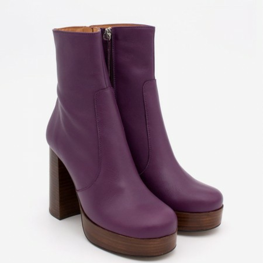 ANGEL ALARCON Cadeo - Women'S Leather Ankle Boots With Wood High Heel & Platform | Last Units