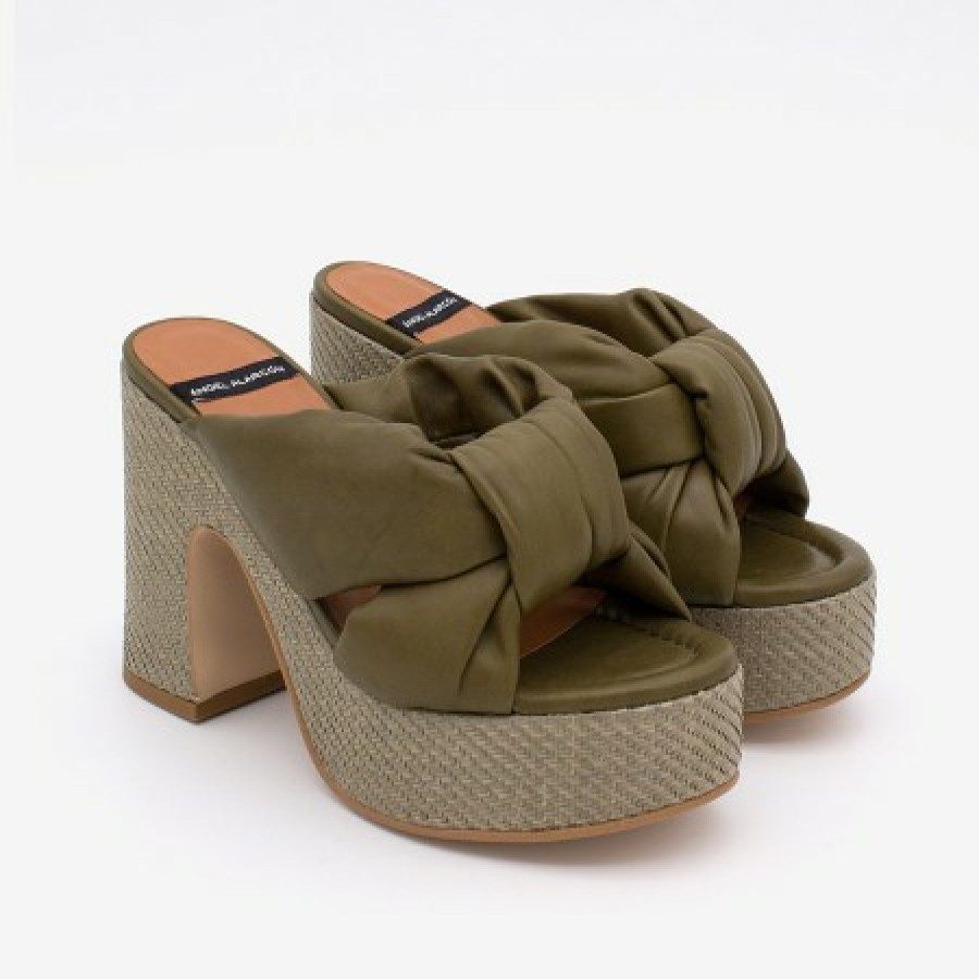 ANGEL ALARCON Kimm - Leather Padded Mule Sandals With A Raffia Block Heel And Platform | Spring - Summer - Ss