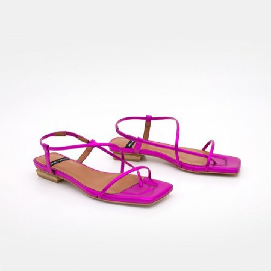 ANGEL ALARCON Julie - Metallized Leather Minimalist Strappy Flat Sandals | Last Units