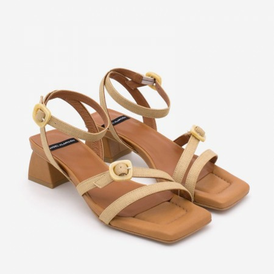 ANGEL ALARCON Genon - Leather And Raffia Strappy Ankle Strap Sandal With Low & Wide Heel | Spring - Summer - Ss
