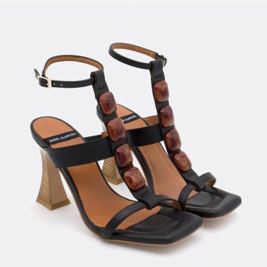 ANGEL ALARCON Masal - Leather Ankle T-Strap High Heel Sandal With Carey Ornament | Spring - Summer - Ss